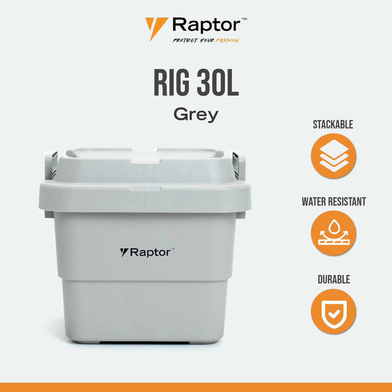 Raptor ROVER Series Storage Rig Box Multipurpose Organizer 30L 50L 70L Large Capacity Reinforced Grid Lid Stackable & Nesting Design Wood Tabletop