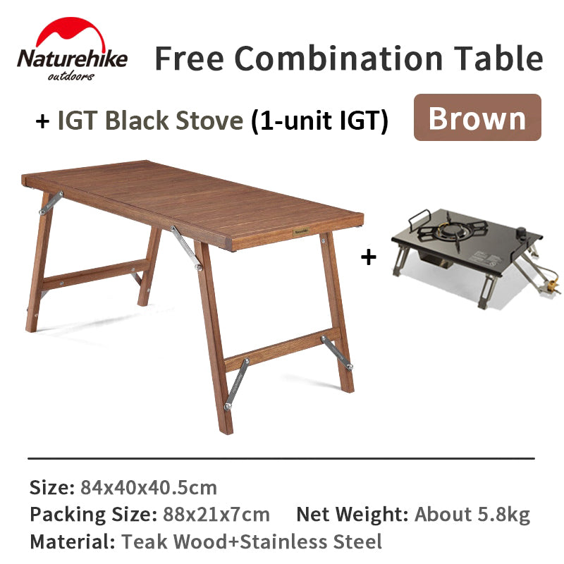 Naturehike IGT Compatible Free Combination Premium Wood Folding Table Outdoor Camping Portable Teak Wooden BBQ Grill Stove Integrated Foldable Table