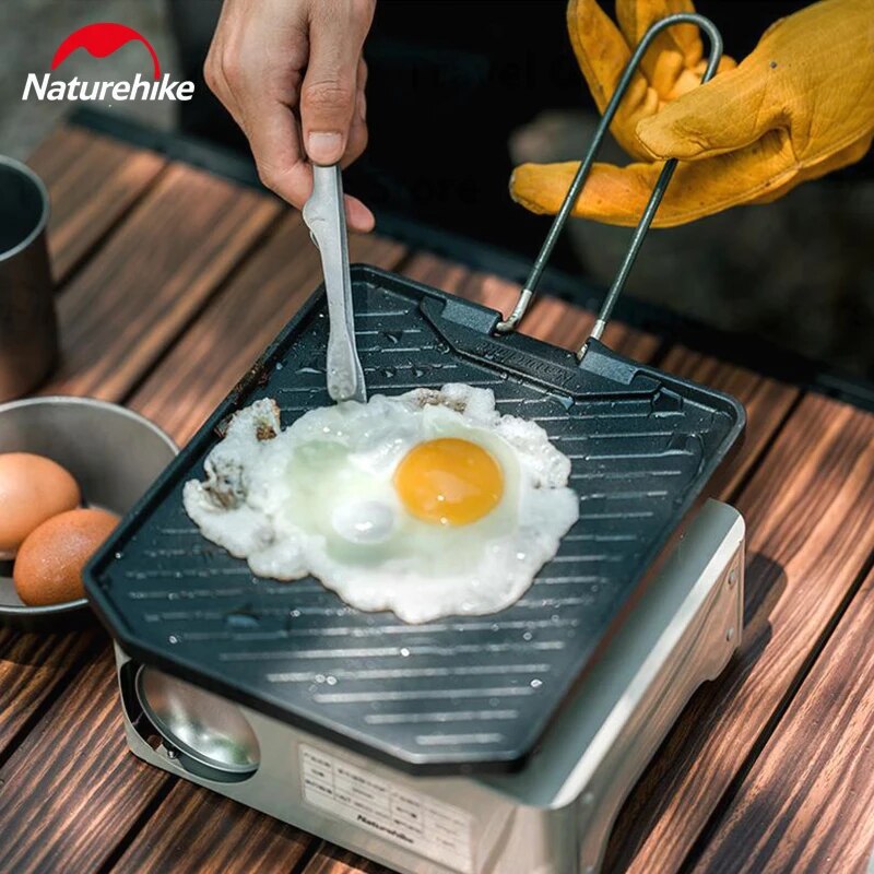 Naturehike LeYan Portable Grilling Frying Pan Non-Stick Die-Cast Aluminum 201 Stainless Steel Ultralight Outdoor Cooking Equipment Camping Picnic Korean BBQ Folding Foldable Handle Barbecue Cookware Nature Hike