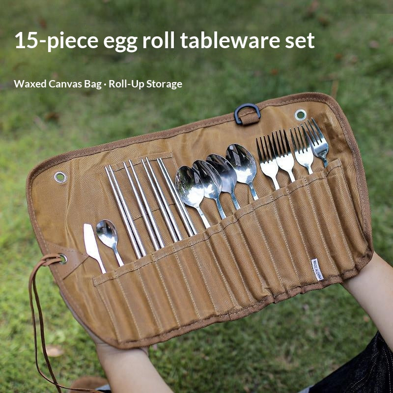 Portable Camping Cutlery Set 12/15PCS Bamboo Handle Spoon Fork Knife Chopsticks with Canvas Storage Organizer Outdoor Picnic Tableware