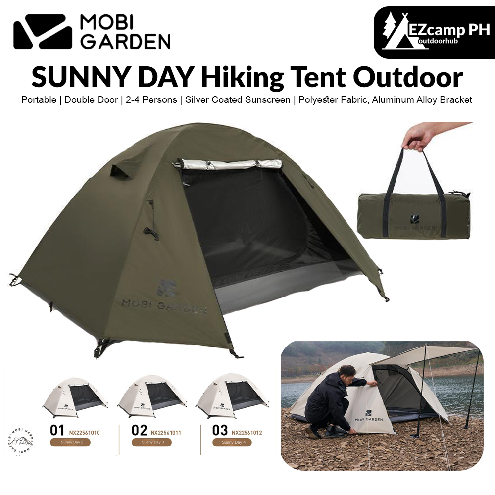 MOBI GARDEN SUNNY DAY Hiking Tent Oudoor 2-4 Person Portable Folding Ultralight 3 Season Waterproof Windproof Silver Coated Sunscreen Camping Outdoor Travel Picnic Backpacking Trips Sunny Tent Heavy Duty Original MobiGarden