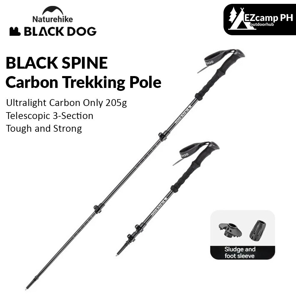 BLACKDOG by Naturehike BLACK SPINE Carbon Ultralight Folding Trekking Pole Hiking Mountaineering Climbing Trek Walking Stick Rod Telescopic 3-Section Only 205g Adjustable 65-135cm Black Dog Nature hike