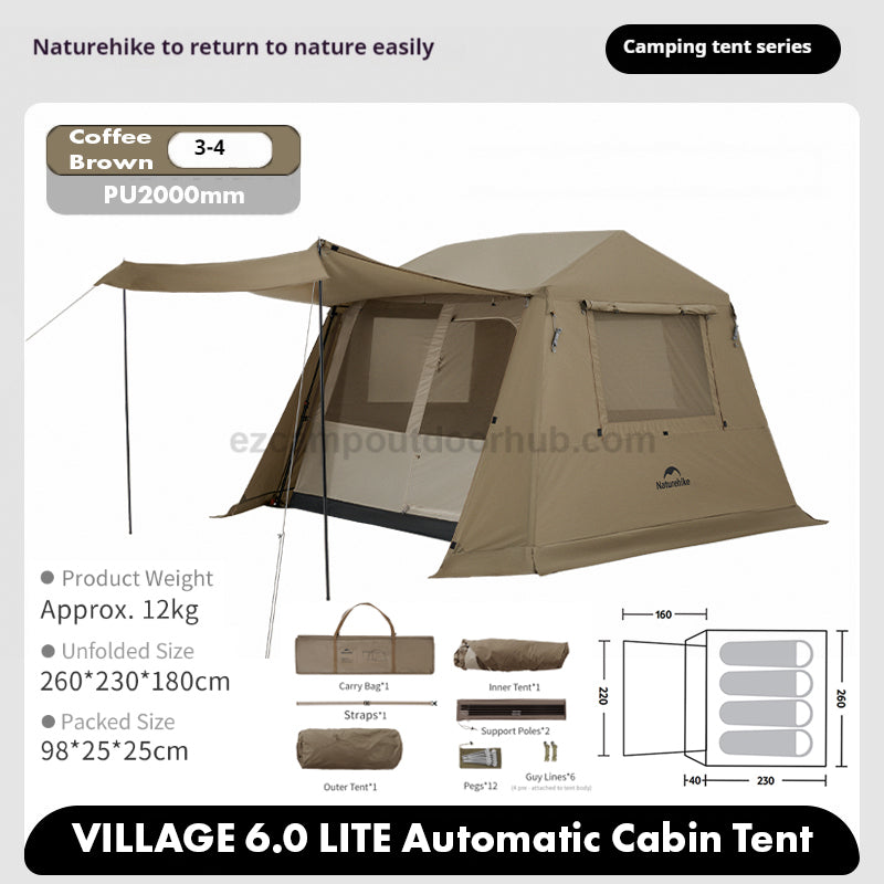 Naturehike VILLAGE 6 LITE Automatic Tent Fast Cabin Style Tent 4 Person One-Piece Setup Ridge 2.0 9m² Total Use Space 360° Ventilation Outdoor