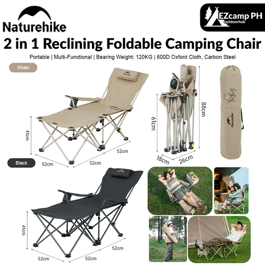 Naturehike 2 in 1 Reclining Foldable Camping Chair With Backrest And Armrests Folding Lying Multi-Functional Recliner Stool Seat Table 120KG Max Load