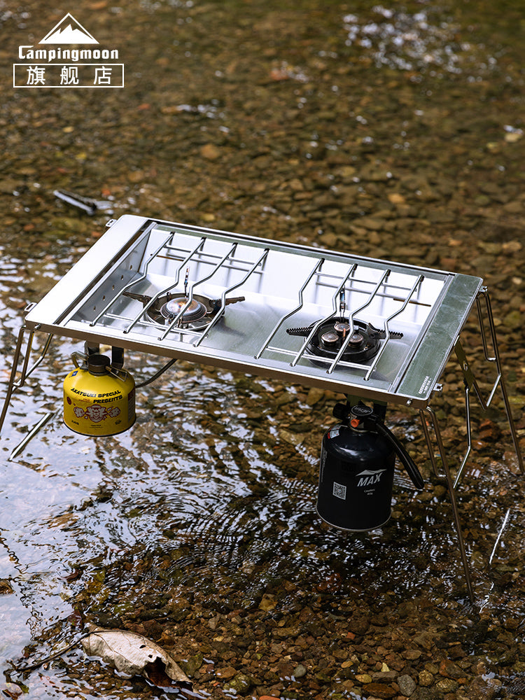 Campingmoon IGT Korean Style Double Burner Stove Top 2 Unit IGT Size Integrated Grill Table Rack Dual Stainless Steel Butane Gas Stove Windproof