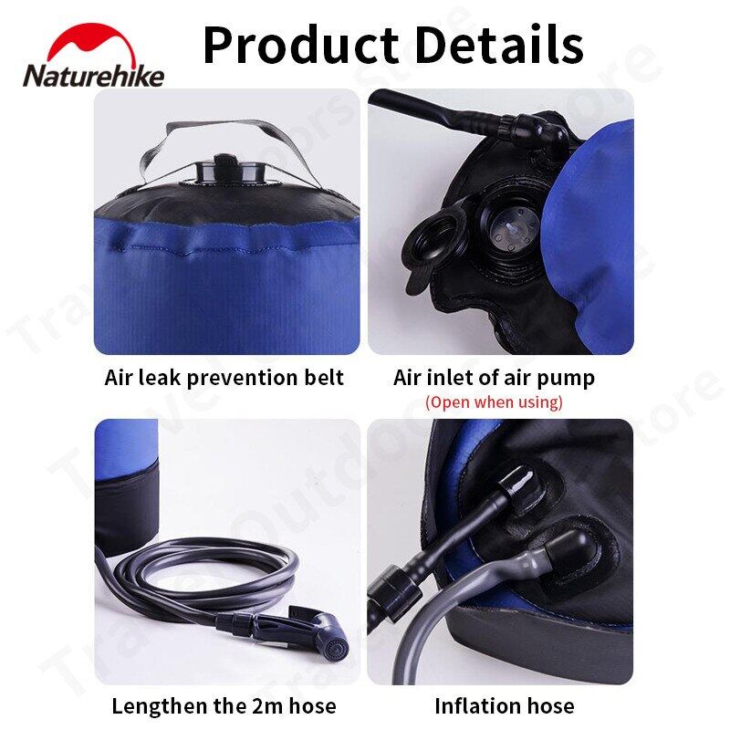 Naturehike Outdoor Shower Bath Bag Ultralight 980g PVC Water Storage Bag with Shower Camping Outdoor Bath 11L Large Capacity Air Pressurized Water Bag