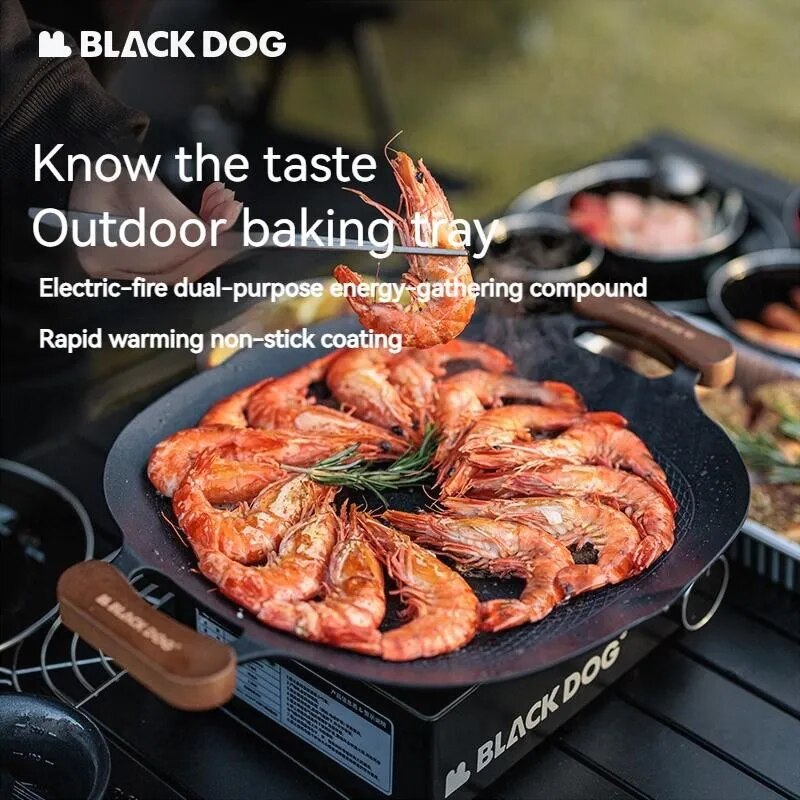 BLACKDOG by Naturehike Round Baking Pan Stove Grill Top Non-Stick Frying Grilling Korean BBQ Cookware Outdoor Camping Picnic Induction Ready Wood Handle with Bag Cooking Barbecue Equipment Utensil Black Dog Nature Hike