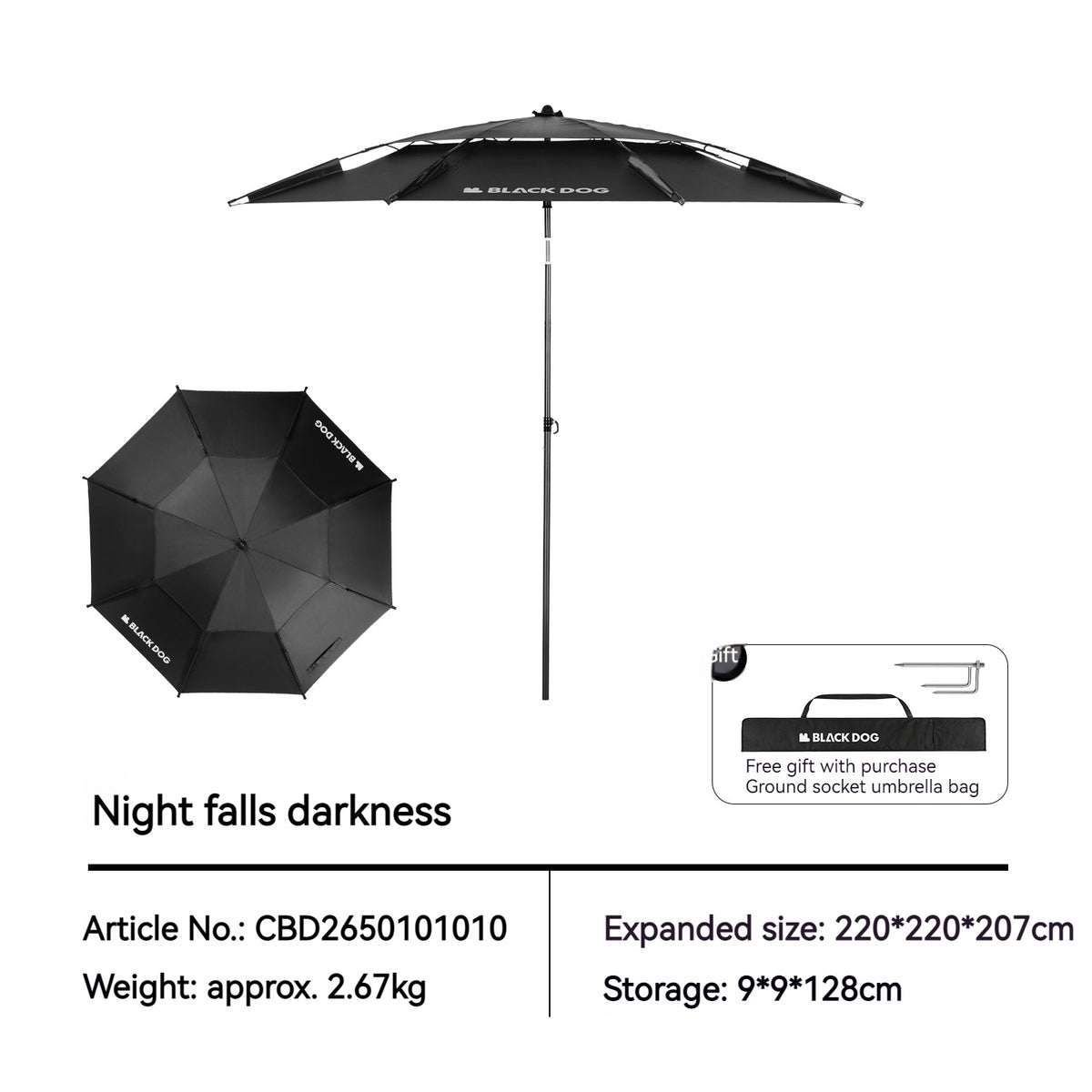 Blackdog SUNSET 2.0 Umbrella Outdoor Camping Picnic Beach 360 Black Coated Sunscreen 5m² Shade Area