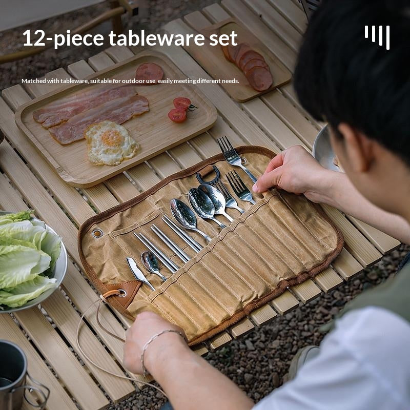Portable Camping Cutlery Set 12/15PCS Bamboo Handle Spoon Fork Knife Chopsticks with Canvas Storage Organizer Outdoor Picnic Tableware
