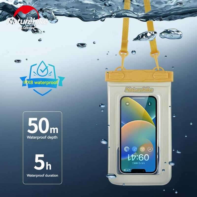 Naturehike Aqua Sealed Waterproof Smartphone Bag with Mobile Phone Pocket 50m Deep IPX8 Waterproof Lightweight Touch Screen Hanging Neck Beach Diving Rafting Swimming Fishing Buoyancy Storage Dry Bag Cellphone Case Cover Waterproof Bag PVC Film Protective