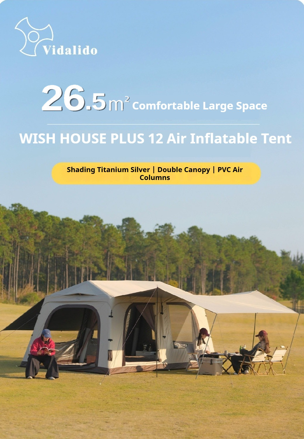 Vidalido WISH HOUSE PLUS 12 Air Inflatable Tent Fast Build 4-6 Persons Ti Silver Coated Sunscreen PVC Air Poles Full View Mesh 26m² Large Usable Space