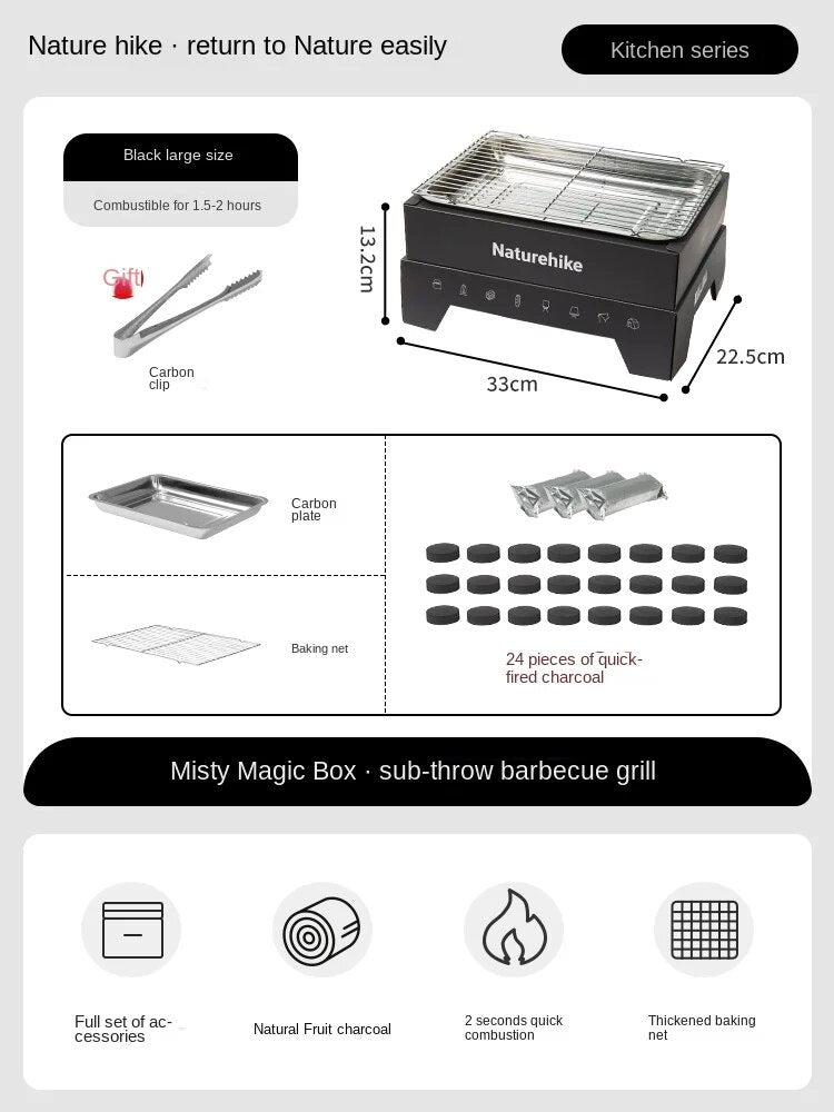 Naturehike MISTY MAGIC BOX Disposable Tabletop Charcoal BBQ Grill Box Kit Set Outdoor Camping Picnic Barbecue Cooking Equipment Stainless Grilling Pan Tong Mesh Fast Burning Charcoal Briquette Nature Hike