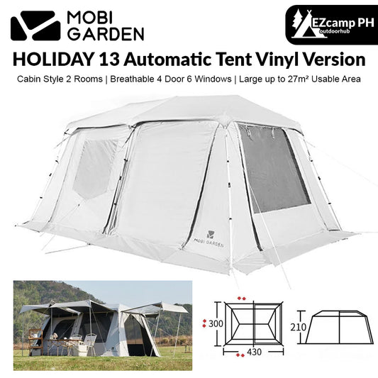 Mobi Garden HOLIDAY 13 Vinyl Coated Version Cabin Style 2 Room Large Fast Build Automatic Tent up to 27m² Use Space Breathable Waterproof 4 Door 6 Windows Camping tent for up to 6-8 Person Mobigarden Village Mountain Residence