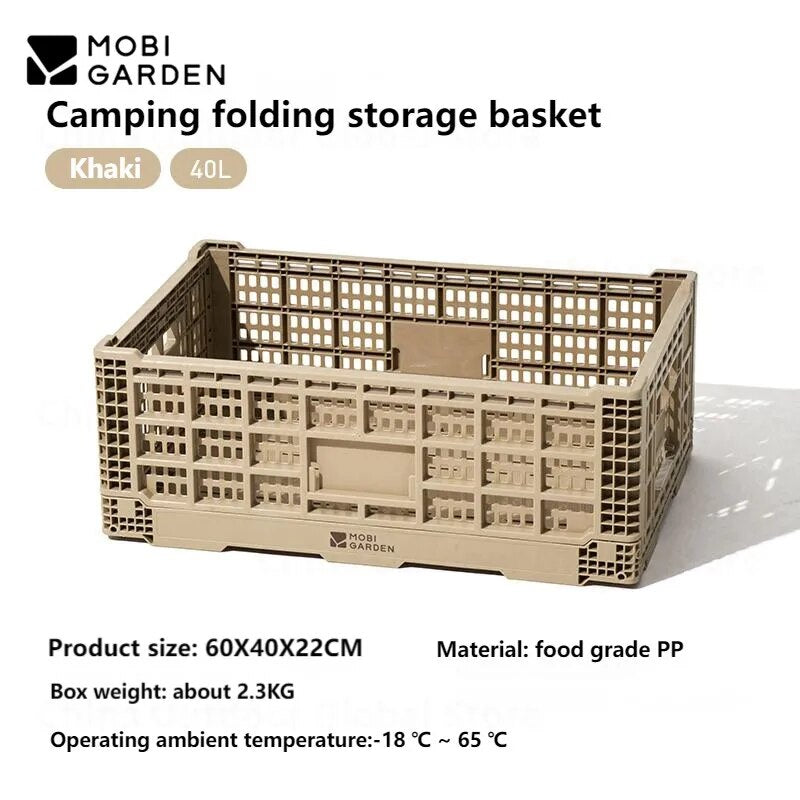 Mobi Garden Stackable Folding Basket Tray Collapsible Outdoor Camping Portable Storage Container 18/40L Small Large PP Food Grade Material Camp Kitchen Organizer Foldable Box Crate Mobigarden