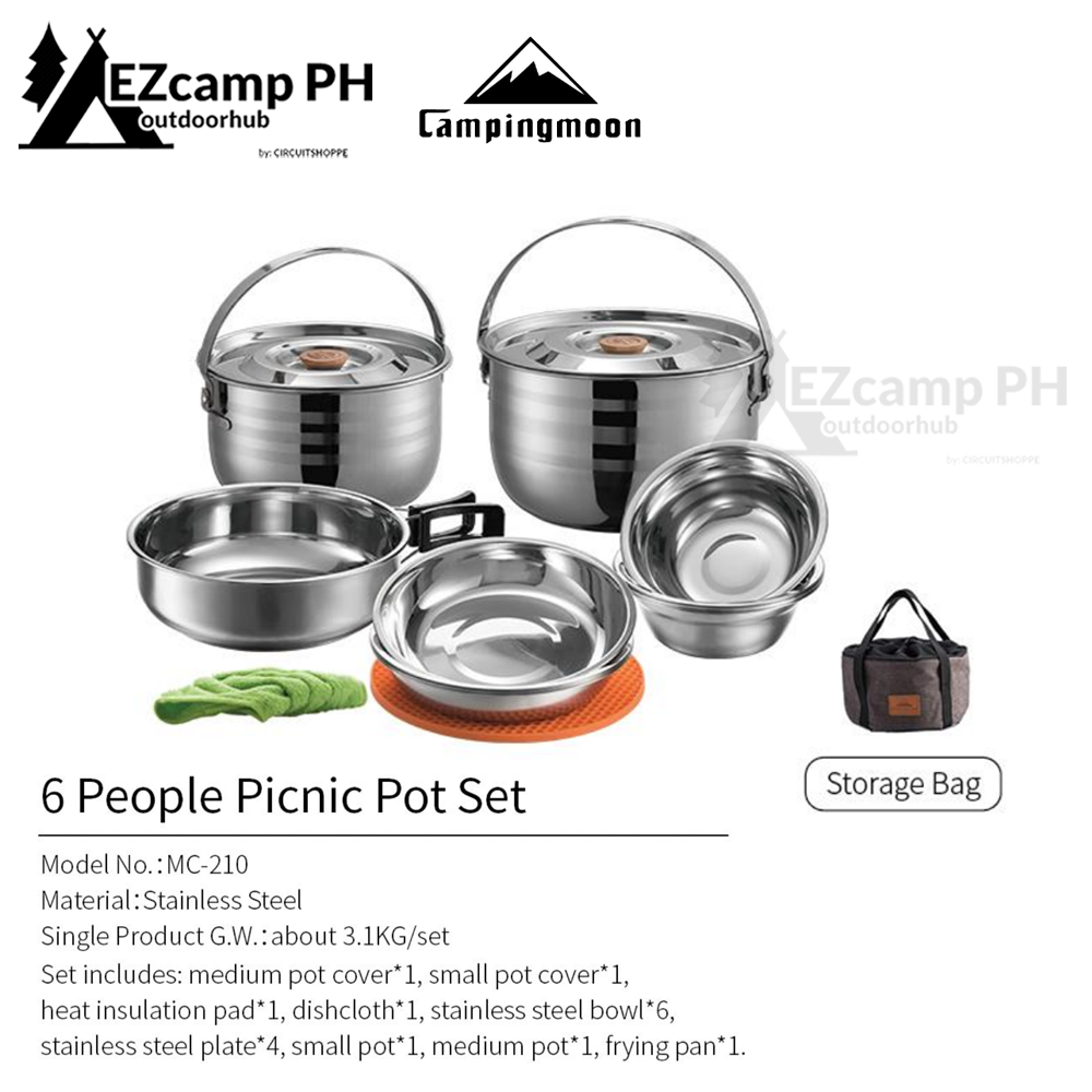 CAMPINGMOON Stainless Steel Camping Pot Set for up to 6 and 8 Person Portable Ultralight Home and Outdoor Picnic Large Cookware Pan Cooking Equipment