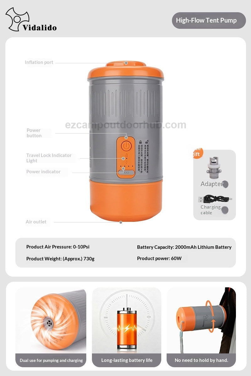 Vidalido High Flow Air Tent Pump Portable High Pressure Wireless USB Charging 10Psi Max Inflate Deflate Pillow Bed And Other Camping Equipments