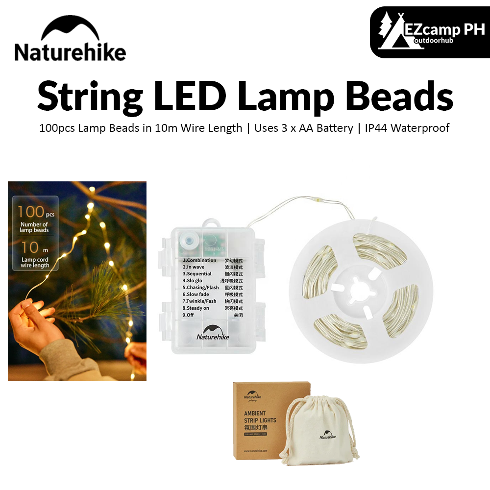 Naturehike String LED Lights 100 Mini Lamp Beads in 10m Wire Length 3 AA Battery IP44 Waterproof Outdoor Camping Atmosphere Ambient Lighting Strip Lantern with 8 Light Modes Control Nature Hike