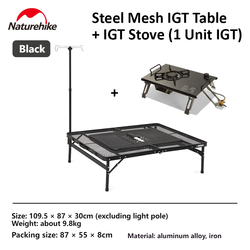 Naturehike Steel Mesh Adjustable 3-Unit IGT Table Portable Ultralight Folding Aluminum Black Outdoor Camping Picnic BBQ Grill Stove with Lamp Pole