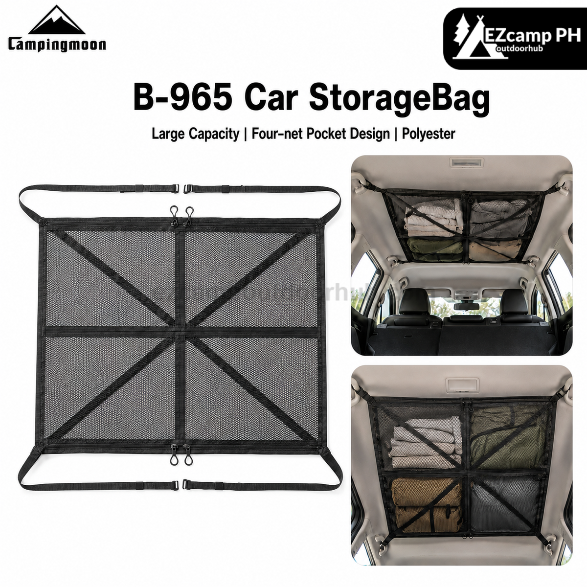 Campingmoon B-965 Car Storage Bag Portable Extendable Four-Compartment Mesh Interior Bag Rooftop Four-Corner Hanging Organizer Outdoor Camping Travel