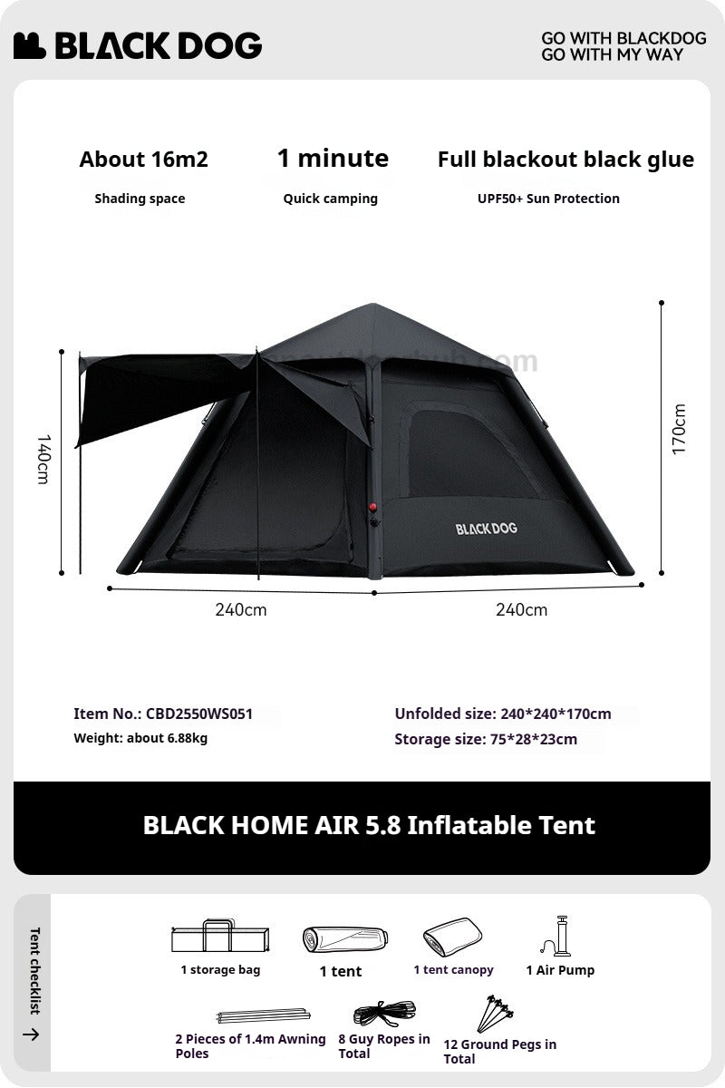 Blackdog BLACK HOME AIR 5.8 Inflatable Tent 3-4 Persons Dome Style Fast Build Waterproof Black Vinyl Coated Sunscreen With Electric Air Pump Outdoor