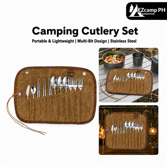 Portable Camping Cutlery Set 12/15PCS Bamboo Handle Spoon Fork Knife Chopsticks with Canvas Storage Organizer Outdoor Picnic Tableware