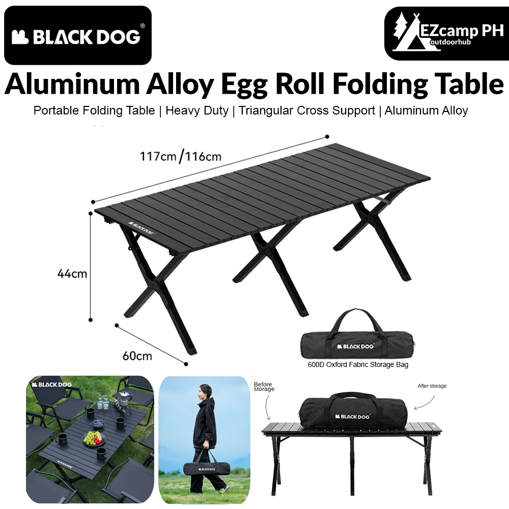 BLACKDOG Aluminum Alloy Egg Roll Folding Table Portable Camping Coffee Dining Table Outdoor Tourism Hiking Picnic Beach Foldable Board Triangular Cross Support Heavy Duty Orignal Nature Hike Black Dog