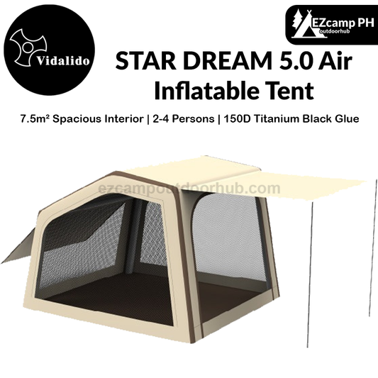 Vidalido STAR DREAM 5.0 Air Inflatable Tent Ti Black Vinyl Coated Sunscreen Waterproof Fast Build PVC Air Poles 7.5m² Interior Space For 2-4 Persons