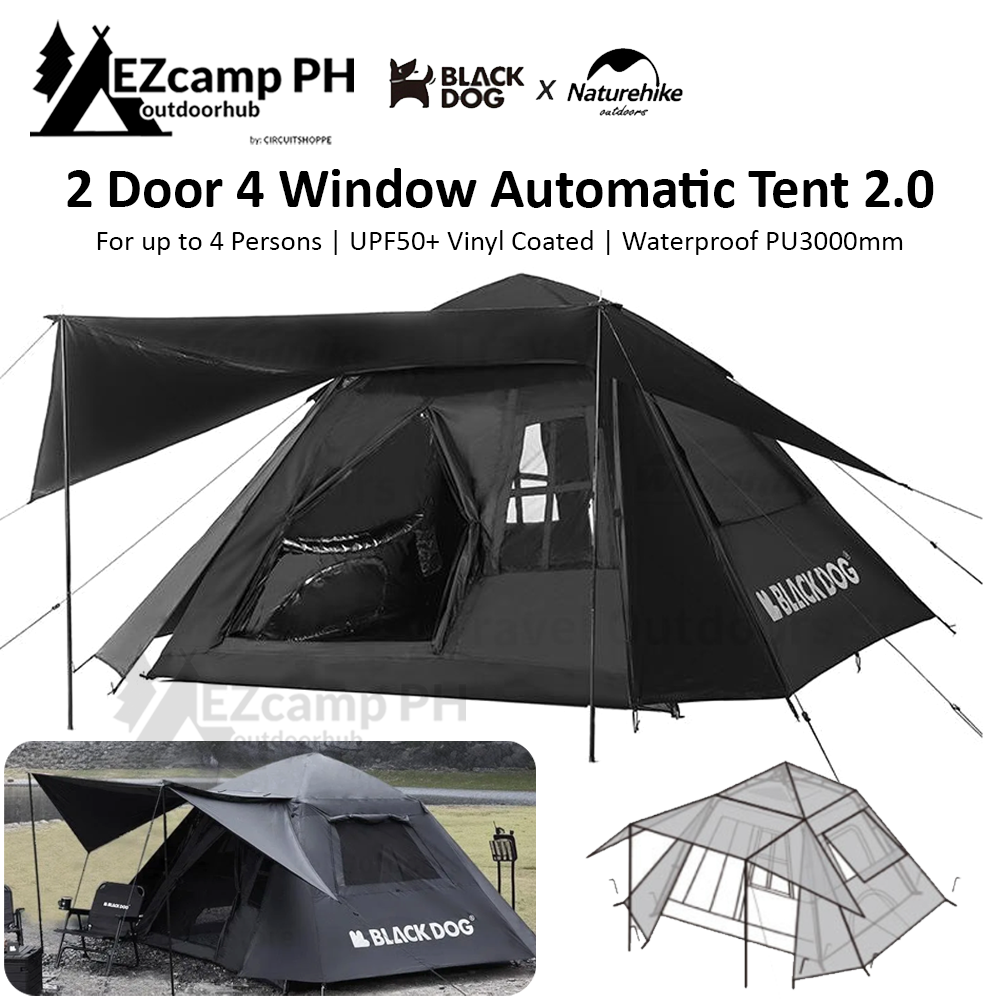 BLACKDOG by Naturehike Automatic Black Camping Tent 2.0 for 4 Person 2 Door 4 Windows Waterproof Vinyl Coating Optional Outer Full Tent Canopy Addon