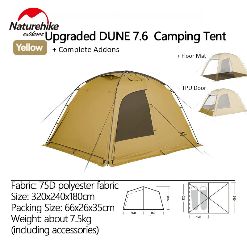 Naturehike Upgraded DUNE 7.6 Ultralight Hiking Car Camping Tent for 2 to 4 Person Portable 2 Room Large 7.6m² Space Outdoor Shelter 4 Season Double Layer Windproof Waterproof Breathable 7 Series Aluminum Pole Nature Hike