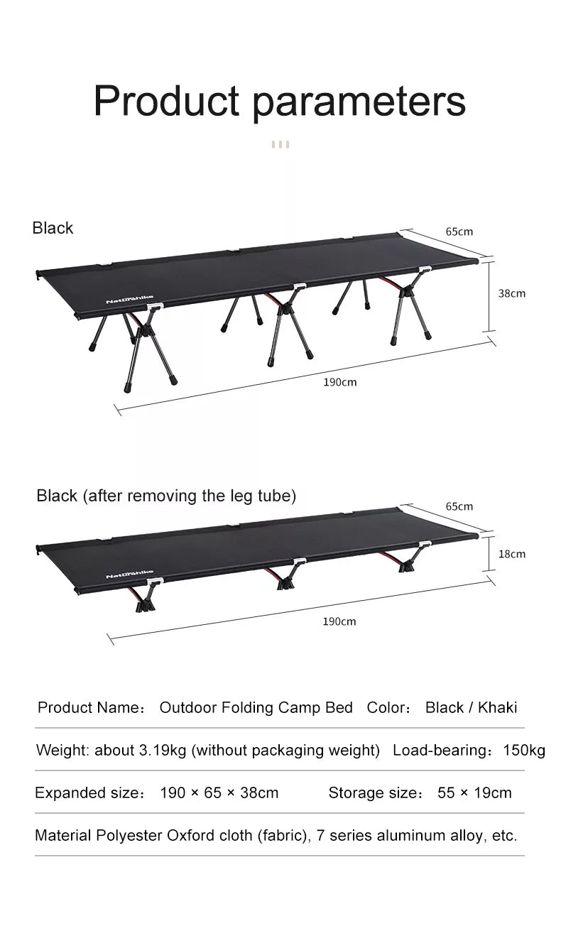 Naturehike Outdoor Portable Folding Camp Bed Load up to 150KG Adjustable High Low Camping Foldable Ultralight Aluminum Alloy Sleeping Cot XJC06