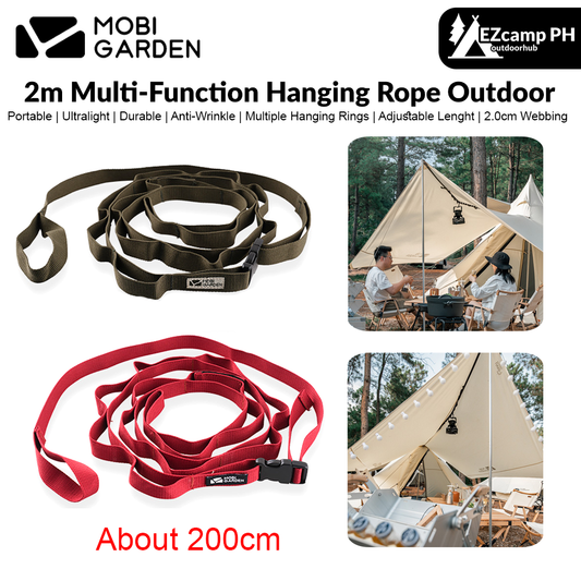 MOBI GARDEN 2m Multi-Function Hanging Rope Outdoor Adjustable Clothesline Lanyard Accesories Tool Windproof Cloth Storage Non-Slip Rope Camping Hiking Travel Picnic Beach Extension Rope Equipment Heavy Duty Original MOBIGARDEN