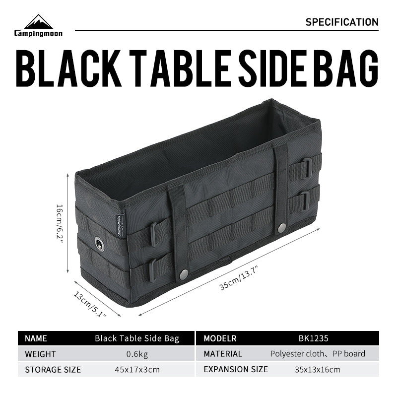 Campingmoon Black Table and Chair Side Storage Bag Outdoor Camping Tactical Design Portable Foldable Polyester Small Large Universal Armrest Hanging Side Pocket Bag Camping Moon BK-1212 BK-1235