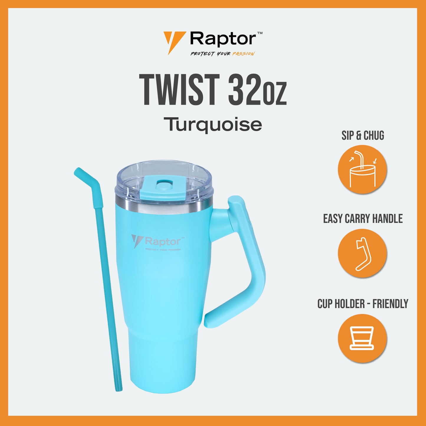 Raptor TWIST 32oz Tumbler Unique Rotating Handle Double-Wall Vacuum Insulation Cup Holder-Friendly Design Rust-Resistant Durability Drinkware