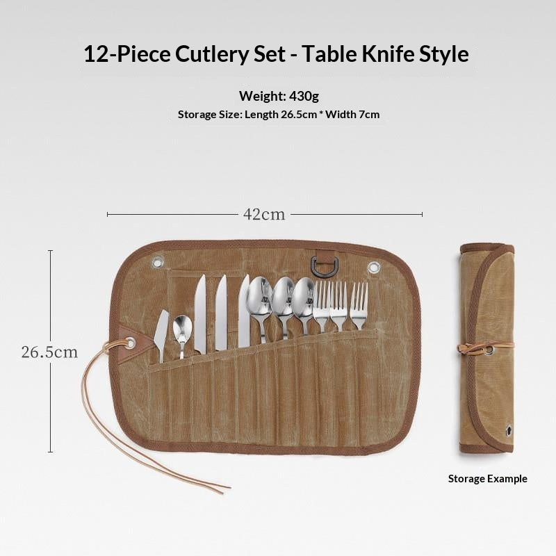 Portable Camping Cutlery Set 12/15PCS Bamboo Handle Spoon Fork Knife Chopsticks with Canvas Storage Organizer Outdoor Picnic Tableware