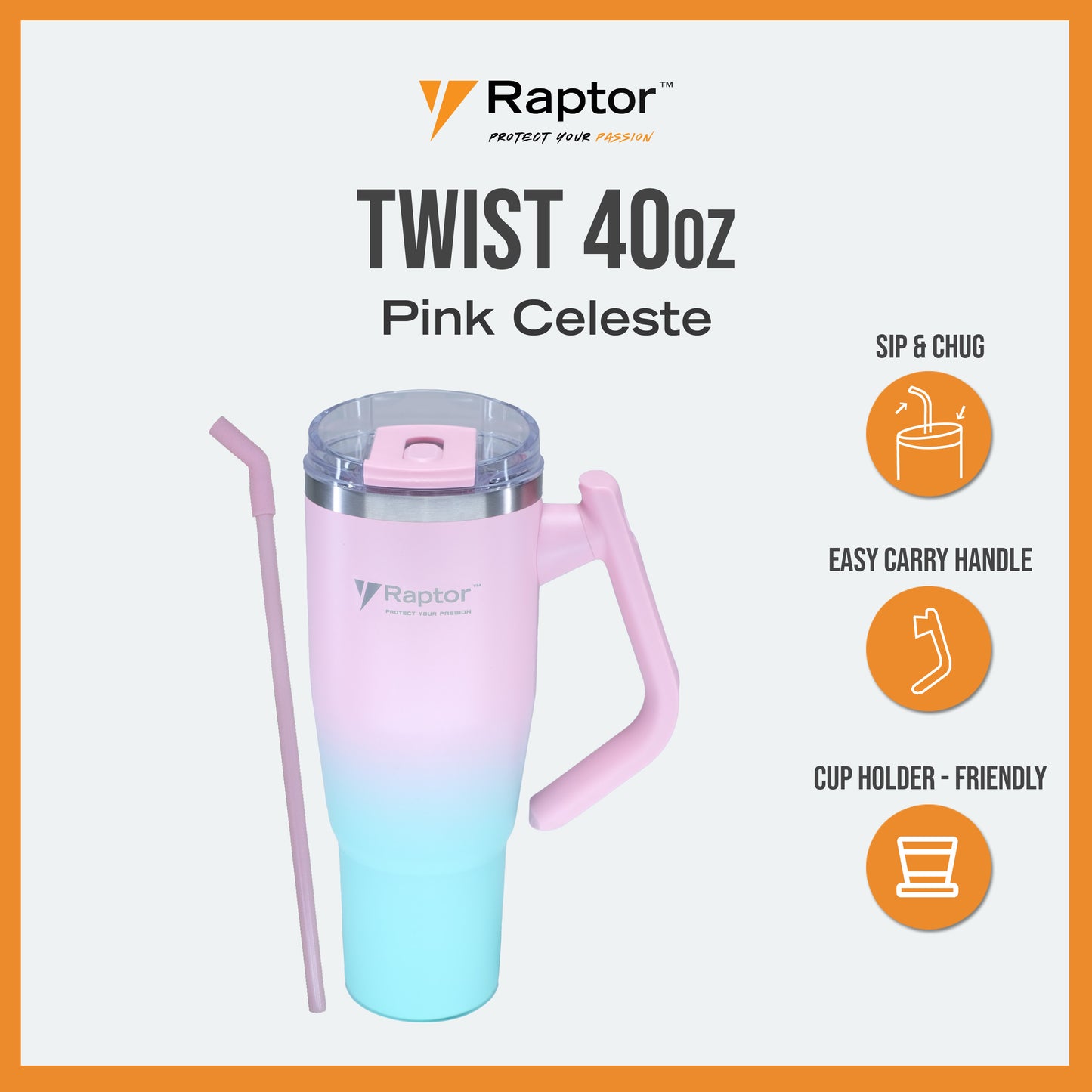 Raptor TWIST 40oz Tumbler Unique Rotating Handle Double-Wall Vacuum Insulation Cup Holder-Friendly Design Rust-Resistant Durability Drinkware