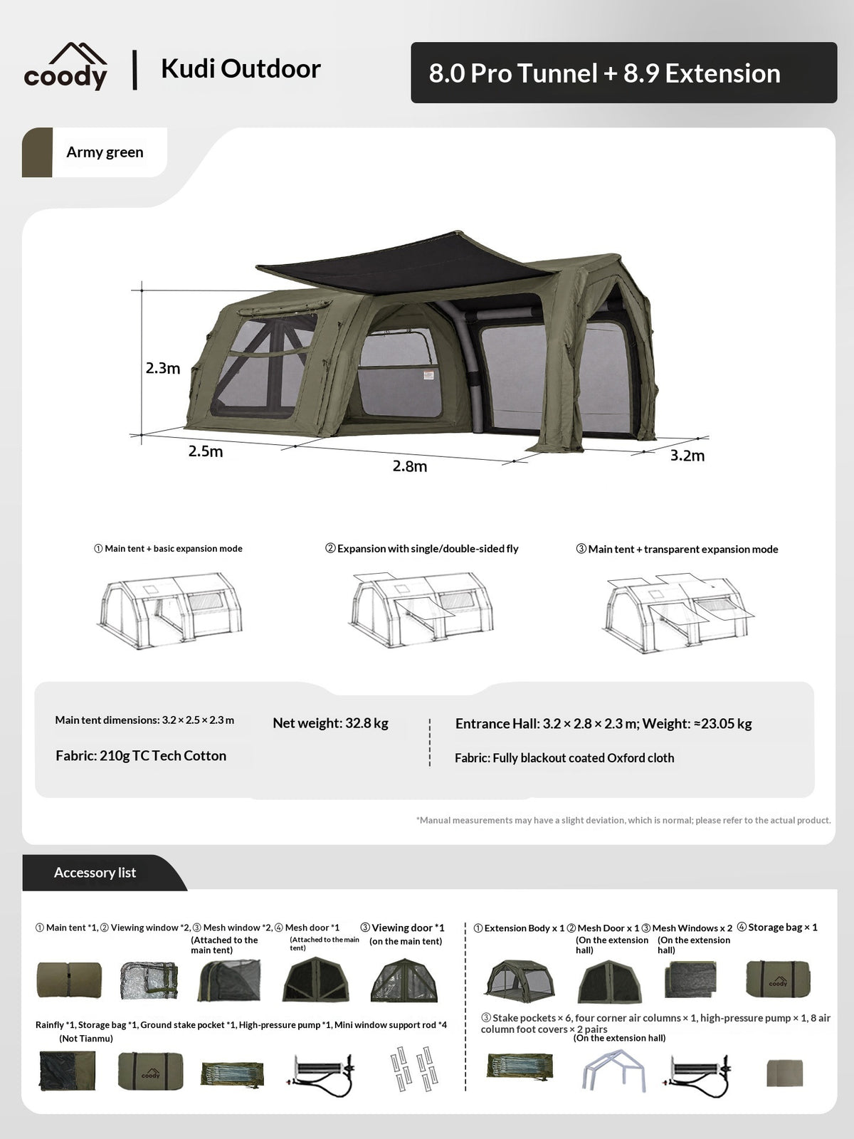 Coody AIR 8.0 PRO Tunnel Inflatable Tent 4-6 Person Waterproof TC Cotton PVC Luxury Camping