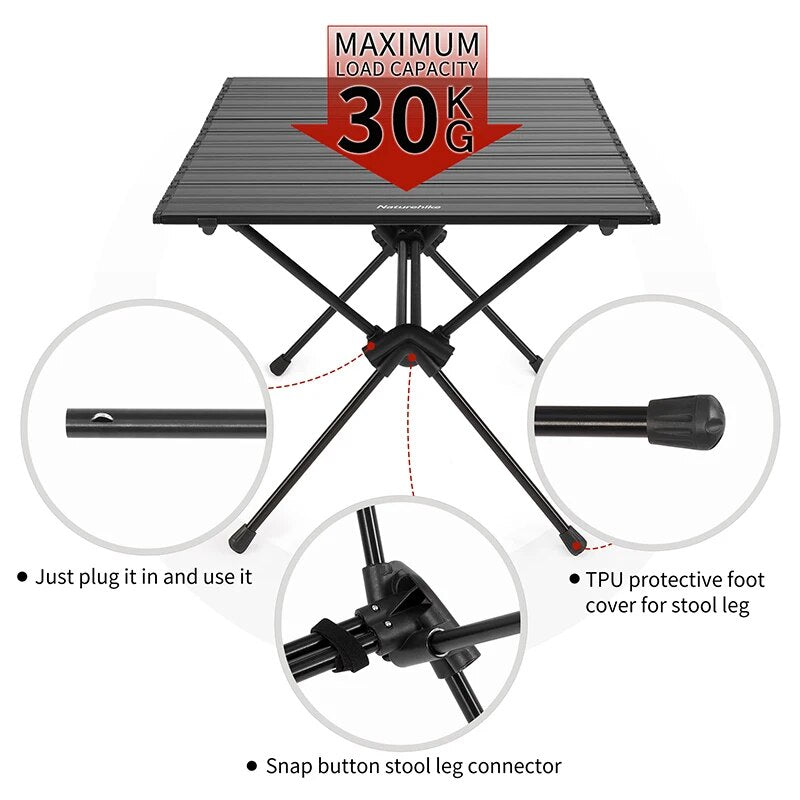 Naturehike FT11 Black Aluminum Egg Roll Camping Portable Folding Table 2 Level Height Adjustable Ultralight Heavy Duty up to 30kg Max Load Foldable Heavy Duty Outdoor Low High Lifting Table Nature Hike