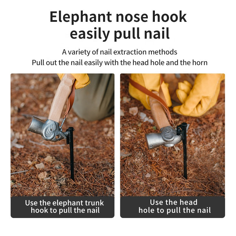 Naturehike Elephant Head Multifunctional Outdoor Camping Hammer Peg Nail Ground Stakes Puller Equipment Pegs Pulling Tool Solid Wood Comfortable Grip Handle Copper Head Shock Absorbing Noise Reduction Mallet Nature Hike