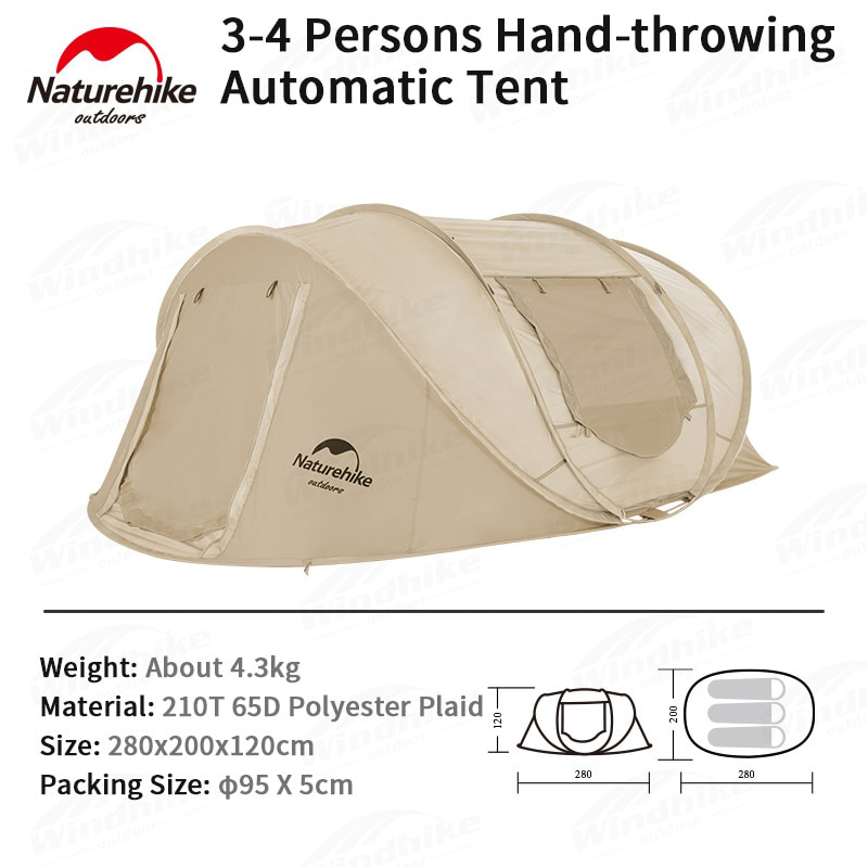 Naturehike 3 to 4 Persons Pop Up Quick Fast Open Automatic Tunnel Camping Tent Portable 2 Doors Large Space Auto Waterproof Tent Folding Storage