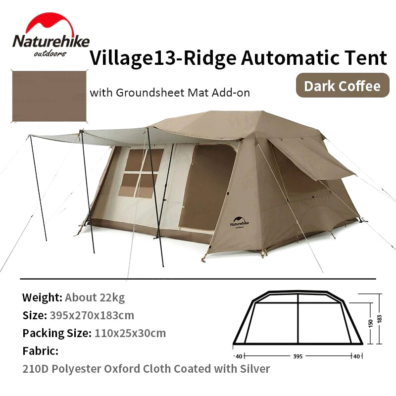 Naturehike VILLAGE 13 Cabin Style 13sqm 5 to 8 Person 2 Bedroom 1 Living Room Camping Automatic Pole Outdoor Tent Waterproof Portable Camp Shelter