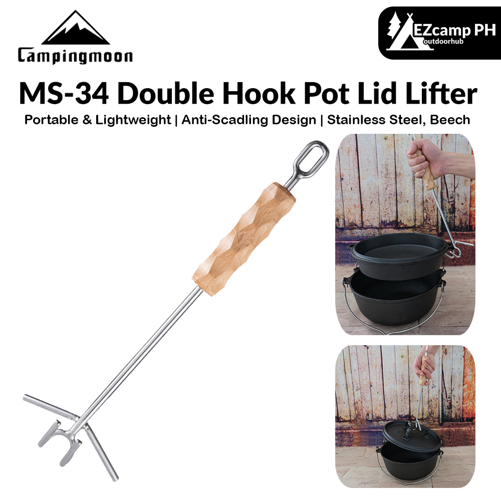 Campingmoon MS-34 Double Hook Pot Lid Lifter Portable Stainless Steel Cookware Hot Cast Iron Cover Pan Skillet Holder Wooden Handle