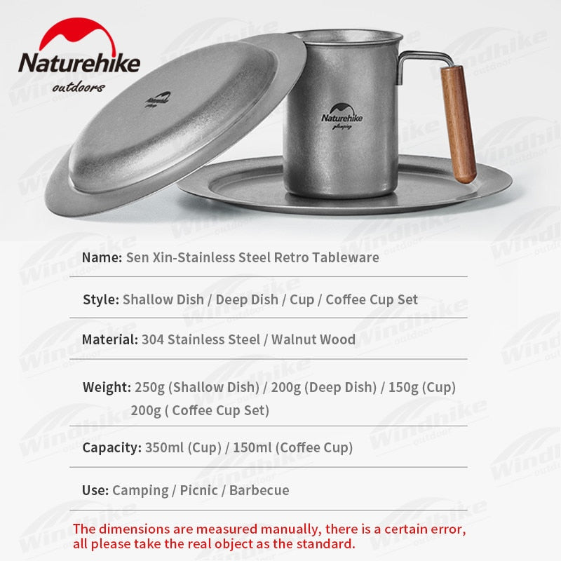 Naturehike Stainless Steel Tableware Outdoor Camping Retro Style Plate Dish Cup Mug Picnic BBQ Dining Utensil Coffee Tea Set Sen Xin