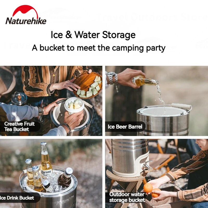 Naturehike Stainless Steel Cool Man Portable Lightweight 10L Outdoor Camping Retro Ice Box Insulation Drink Ice Storage Bucket Beach Refrigerator 304 Stainless Steel