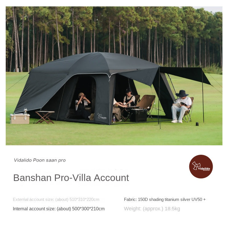 Vidalido POON SAAN PRO Portable 8-10 Person Banshan Villa Extra Large Semi-Automatic Cabin Style Black Tent Outdoor Camping 15m² Interior Space 2 Bedroom Waterproof 150D Titanium Silver Coated Sunscreen