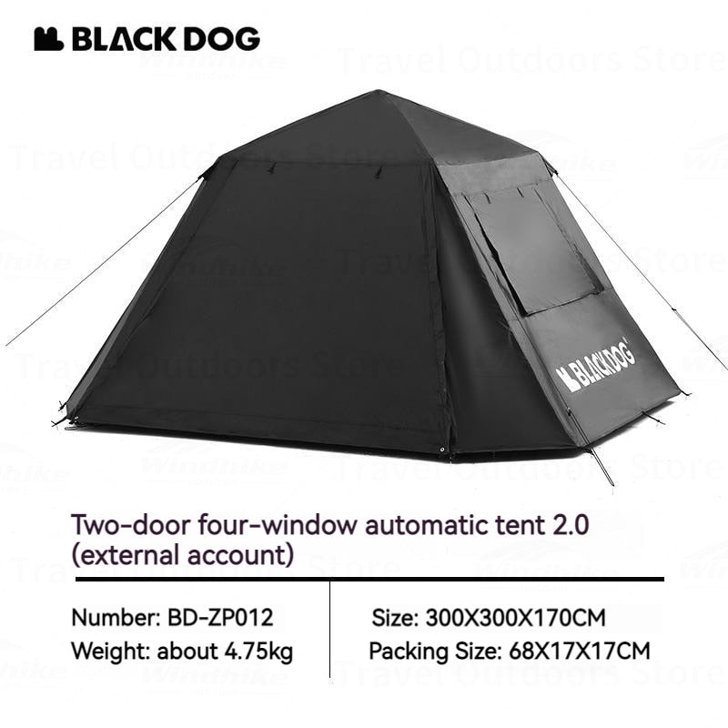 BLACKDOG by Naturehike Automatic Black Camping Tent 2.0 for 4 Person 2 Door 4 Windows Waterproof Vinyl Coating Optional Outer Full Tent Canopy Addon