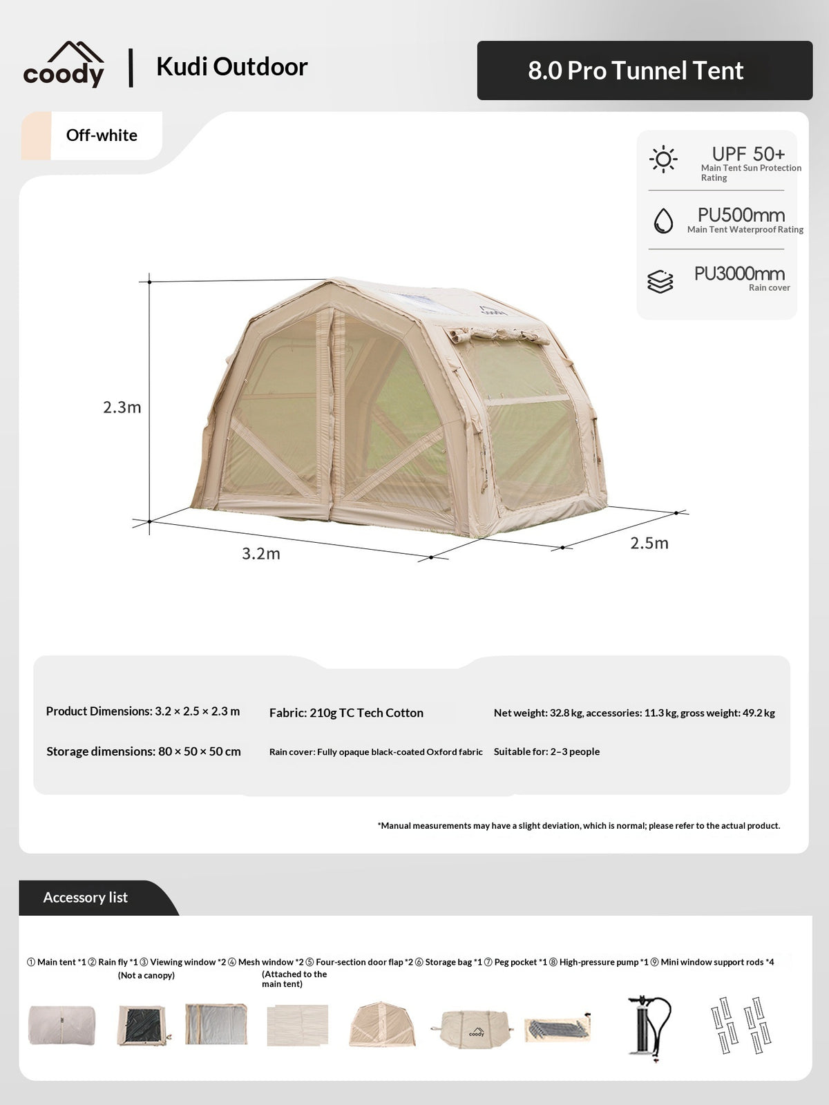 Coody AIR 8.0 PRO Tunnel Inflatable Tent 4-6 Person Waterproof TC Cotton PVC Luxury Camping