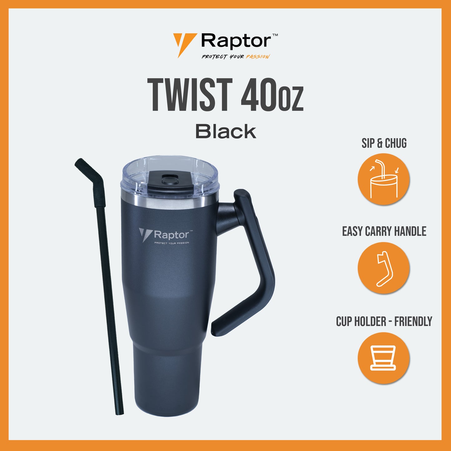 Raptor TWIST 40oz Tumbler Unique Rotating Handle Double-Wall Vacuum Insulation Cup Holder-Friendly Design Rust-Resistant Durability Drinkware