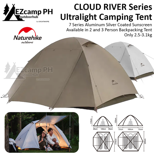 Naturehike CLOUD RIVER Series 2 / 3 Person Ultralight Camping Hiking Tent Portable Waterproof Silver Coated UPF50+ Awning Aluminum Pole Backpacking