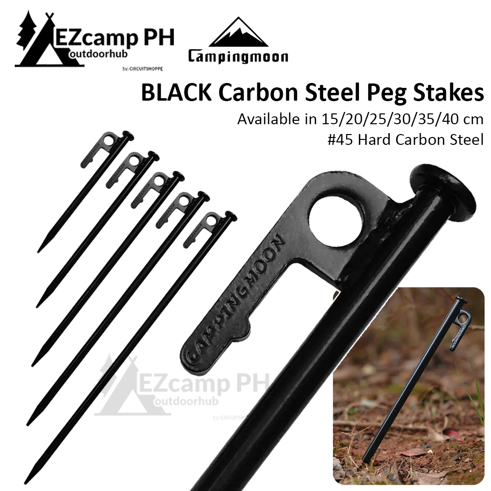 CAMPINGMOON T Series Black Carbon Steel Camping Tent Wind Rope Peg Stakes Ground Nail Pegs Heavy Duty 15 20 25 30 35 40 cm Camping Moon 1pc Per Order