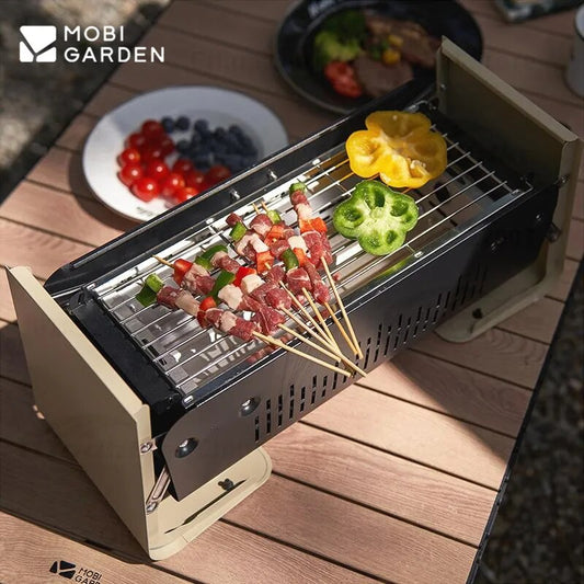 Mobi Garden LeYan Small Desktop BBQ Charcoal Grill Stove Outdoor Camping Picnic Portable Folding Tabletop Burner Ultralight Carbon Steel Body Stainless Steel Grill Net with Storage Bag Mobigarden